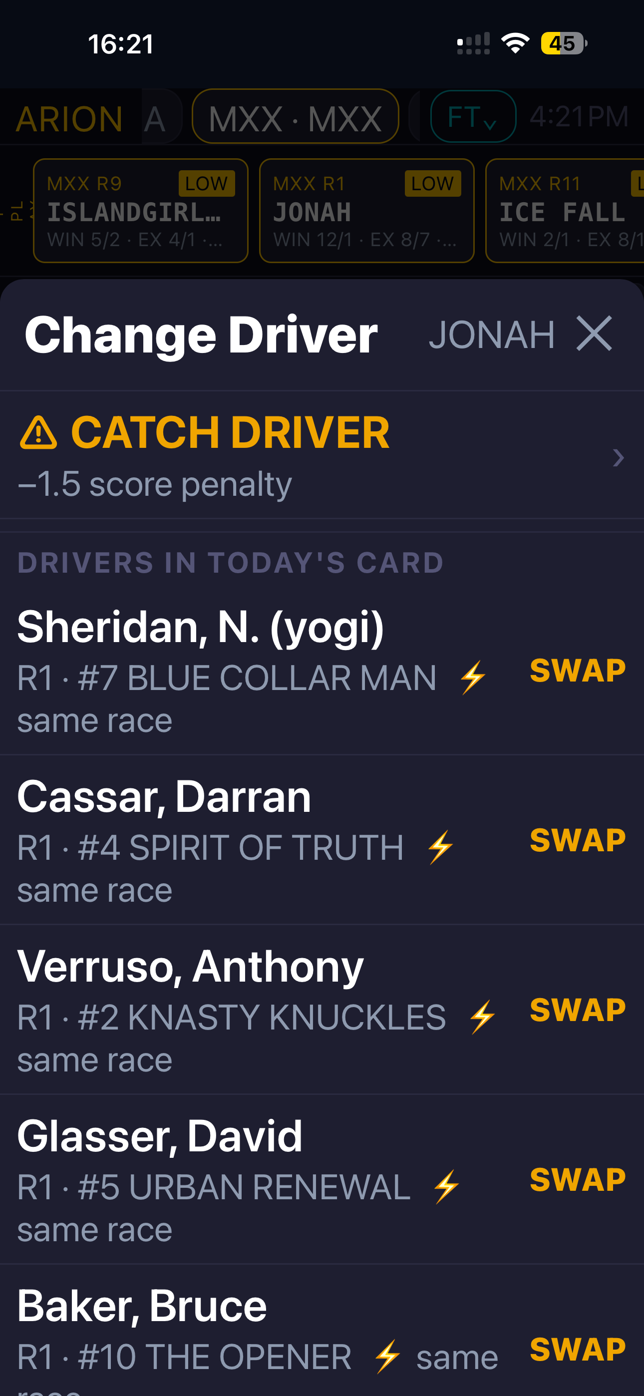 Driver change screen